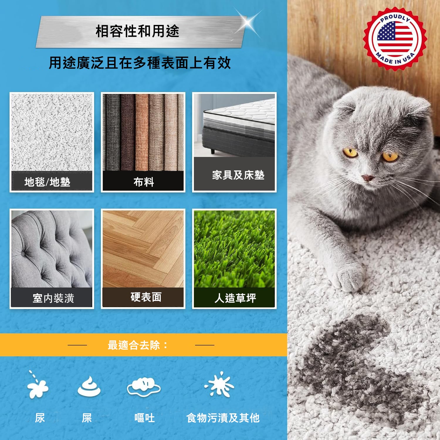 (預訂PRE-ORDER)寵物氣味和汙漬清除劑 - 946ml活性酶清潔劑，用於狗和貓尿液，地毯、布料、硬木的汙漬去除噴霧，適合局部清潔，狗貓寵物的除臭劑 - 天然柑橘油