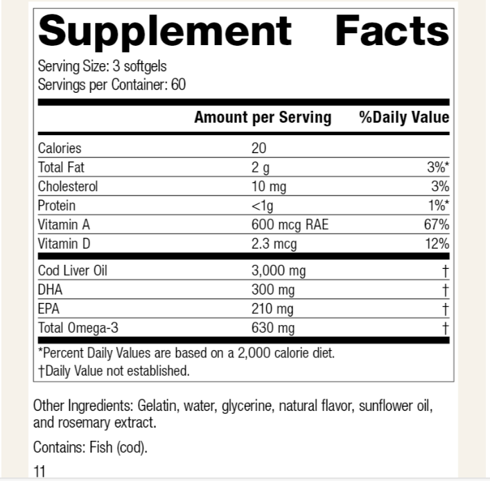 (預訂PRE-ORDER)Cod Liver Oil, 180 Softgels鱼肝油， 180 软胶囊