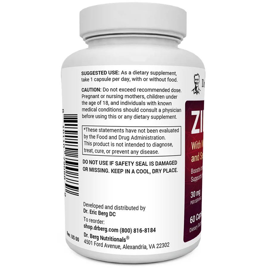 (預訂PRE-ORDER)Dr. Berg 鋅＋鎂、維生素 D3 與硒 全效防禦膠囊（30mg 鋅 / 60粒植物膠囊） Zinc with Magnesium, Vitamin D3, and Selenium – 30 mg of Zinc – 60 Veg Capsules